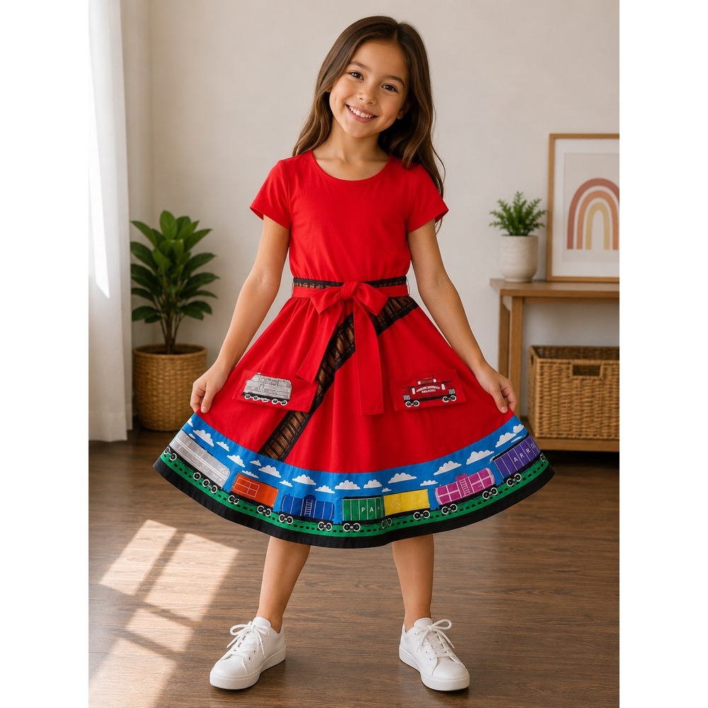 Princess Awesome Train Railroad Red Pocket Dress Girls Size 12 Short Sleeve